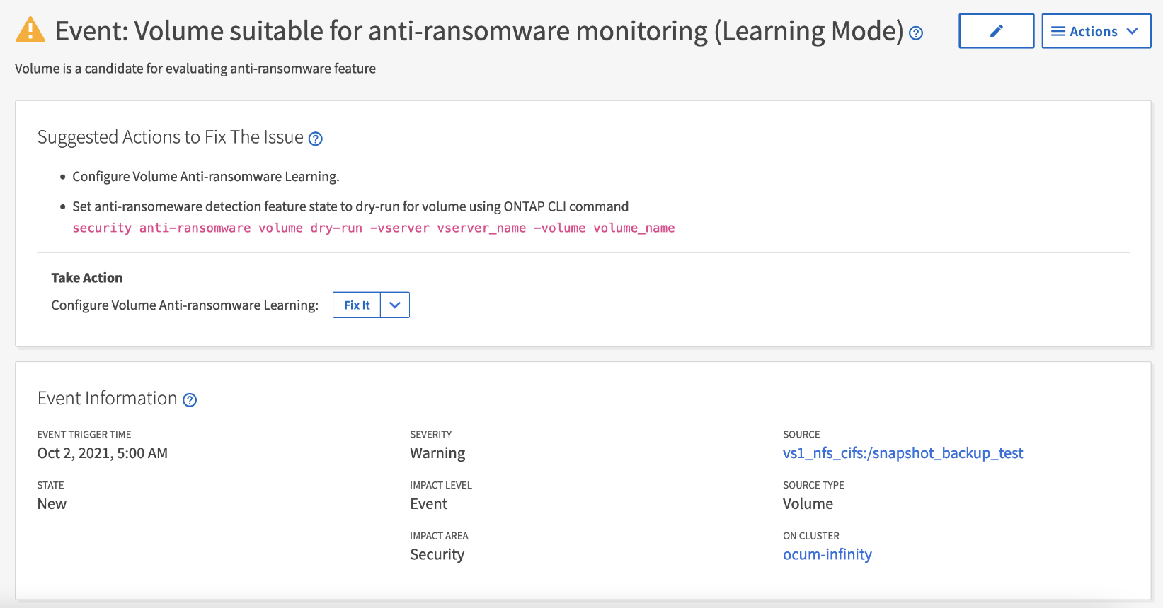 Active IQ Unified Manager 9.10 : Support for anti-ransomware 