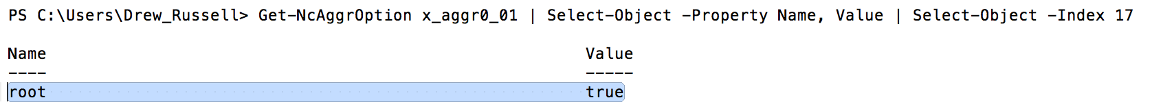 Get-NcAggrOption x_aggr0_01 | Select-Object -Property Name, Value | Select-Object -Index 17