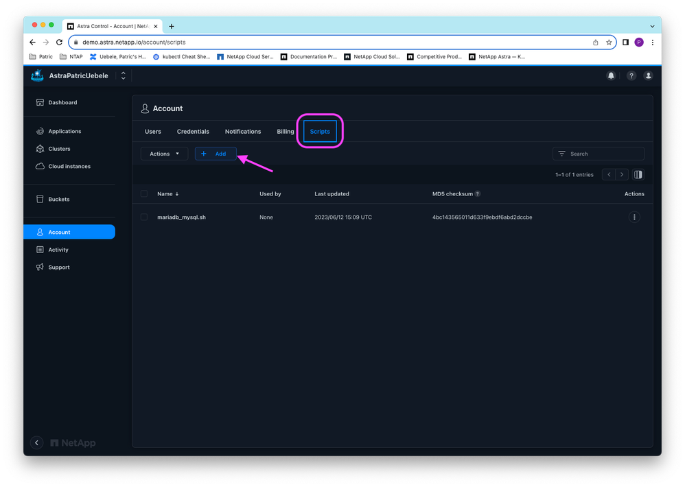 Figure 2: Adding the post-restore-scale hook script to the ACS account.