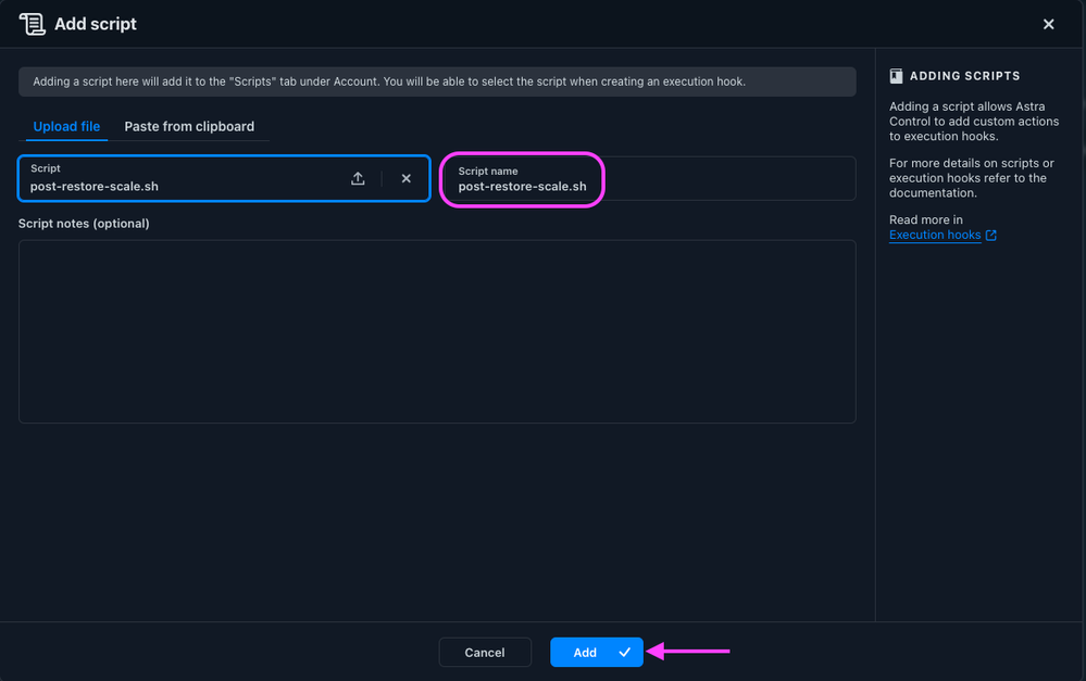 Figure 3: Uploading the post-restore-scale hook script to ACS from the cloned Verda GitHub repository.