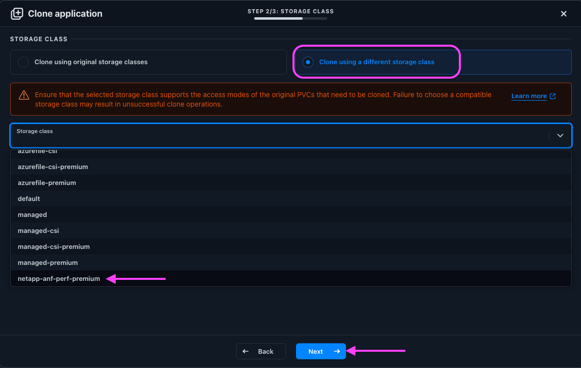 Figure 4: Clone into a different storage class and a select destination storage class.
