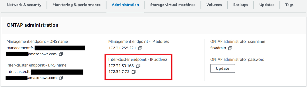 Figure 3.  Administration tab of destination file system FsxIdREGION2 in AWS Console