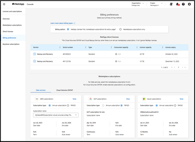 Licenses and subscription billing preferences dashboard