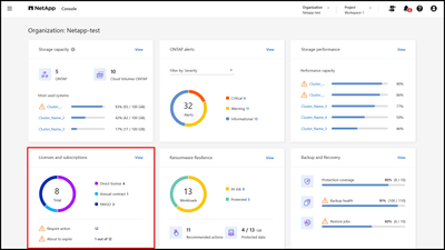 Console home page license and subscription dashboard tile