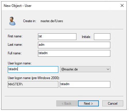 Creation of user “tstadm”