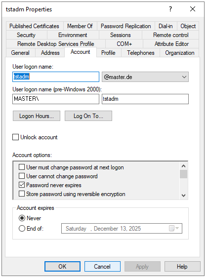 Details of user “tstadm”