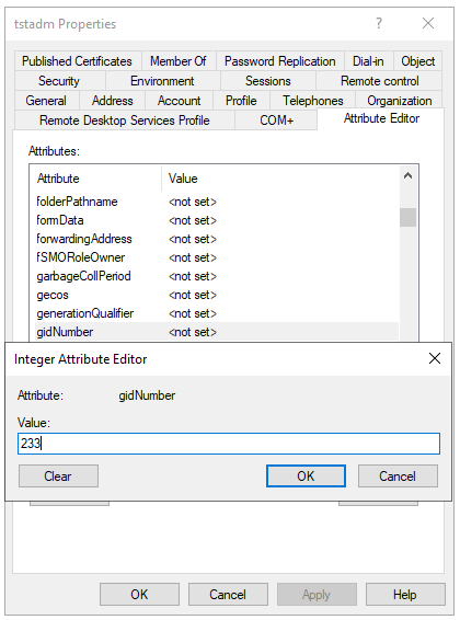 Assignment of group ID “233” to user “tstadm”