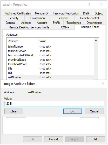 Assignment of user ID “1233” to user “tstadm”