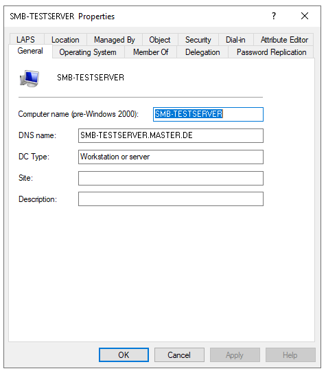 SMB-TESTERVER properties inside Microsoft Active Directory