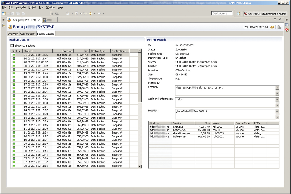 Figure 1) SAP HANA Studio backup window with NetApp backup completed in 11 seconds