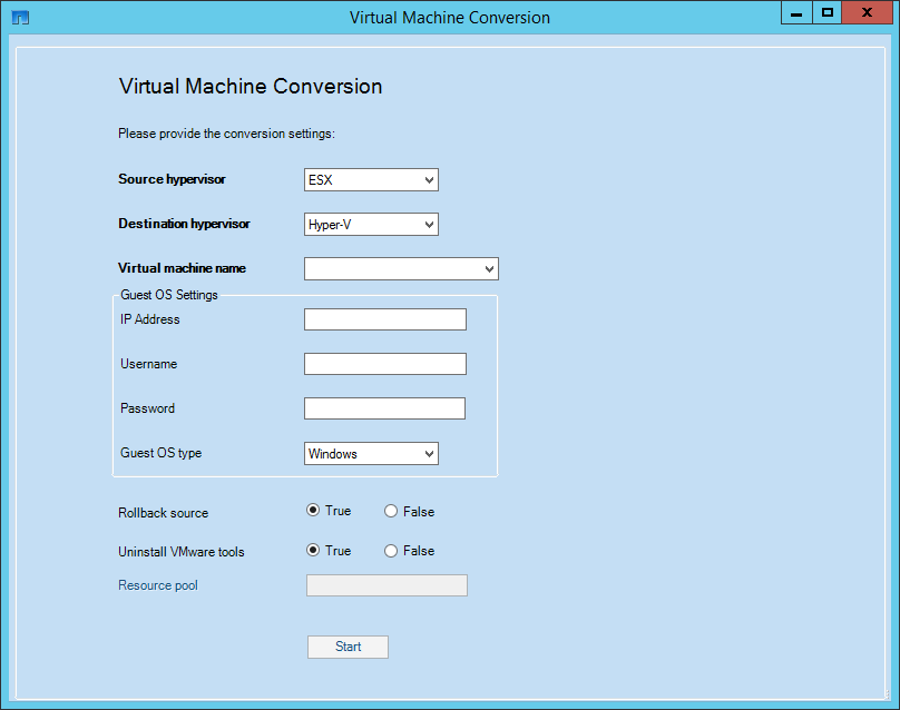 Figure 1) Virtual machine conversion UI